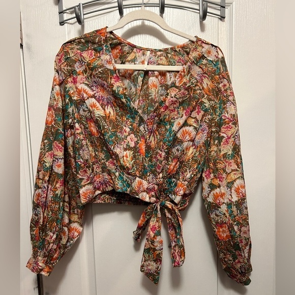 Free People Floral Garden Print Balloon Puff Sleeve Wrap Blouse Top women’s XS - Picture 1 of 16